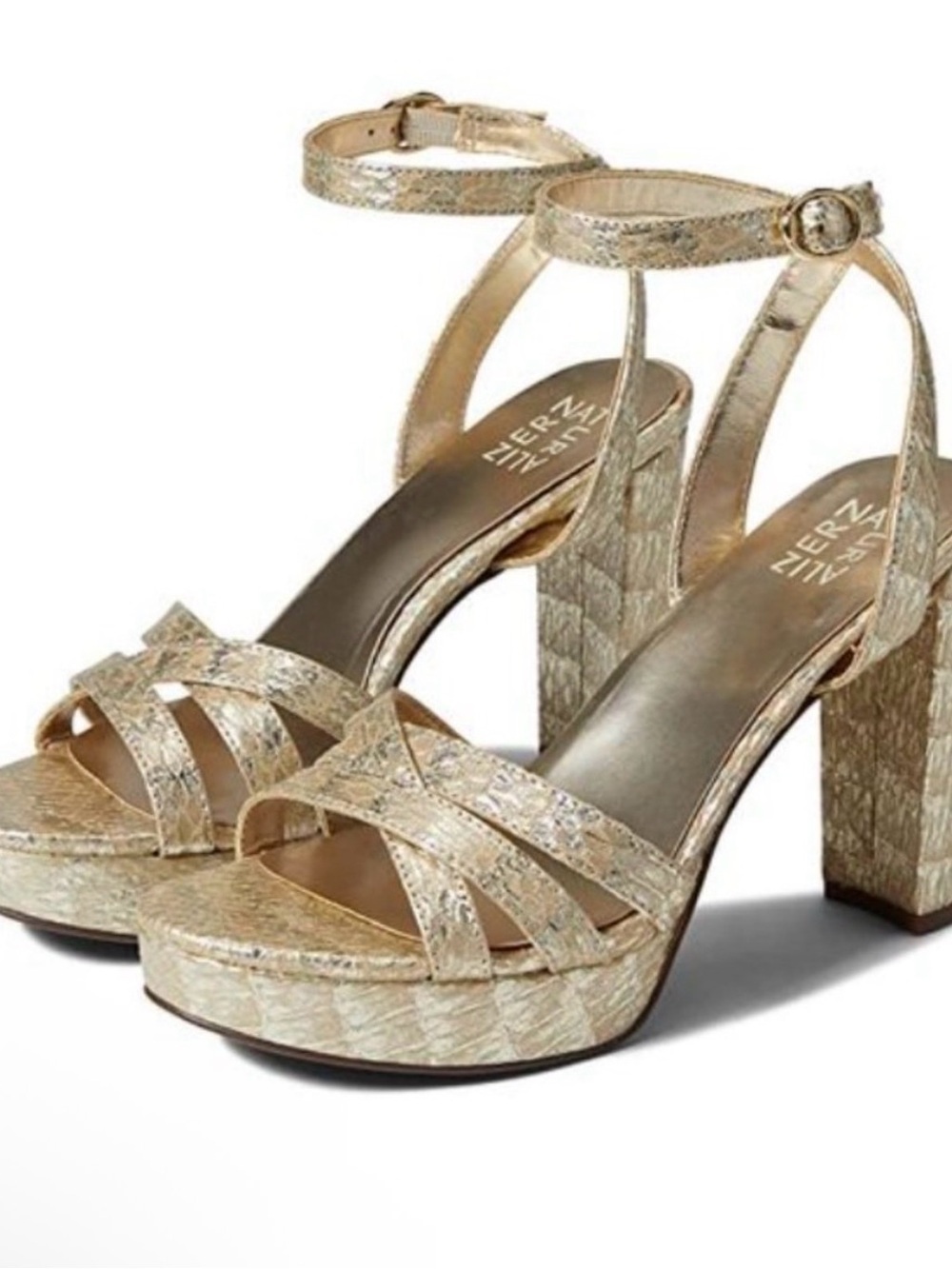 Naturalizer Mallory Platform Heeled Sandals | Gold Snake | Size: 9.5 Wide - Picture 3 of 10